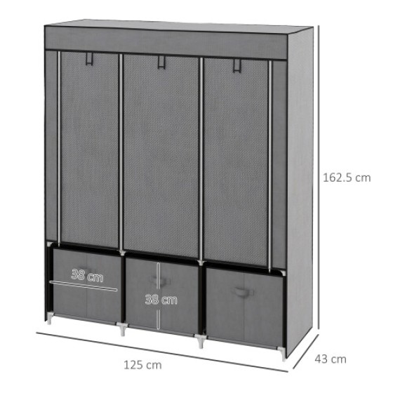 HOMCOM Portable Fabric Wardrobe with 5 Shelves and 3 Fabric Drawers, Gray